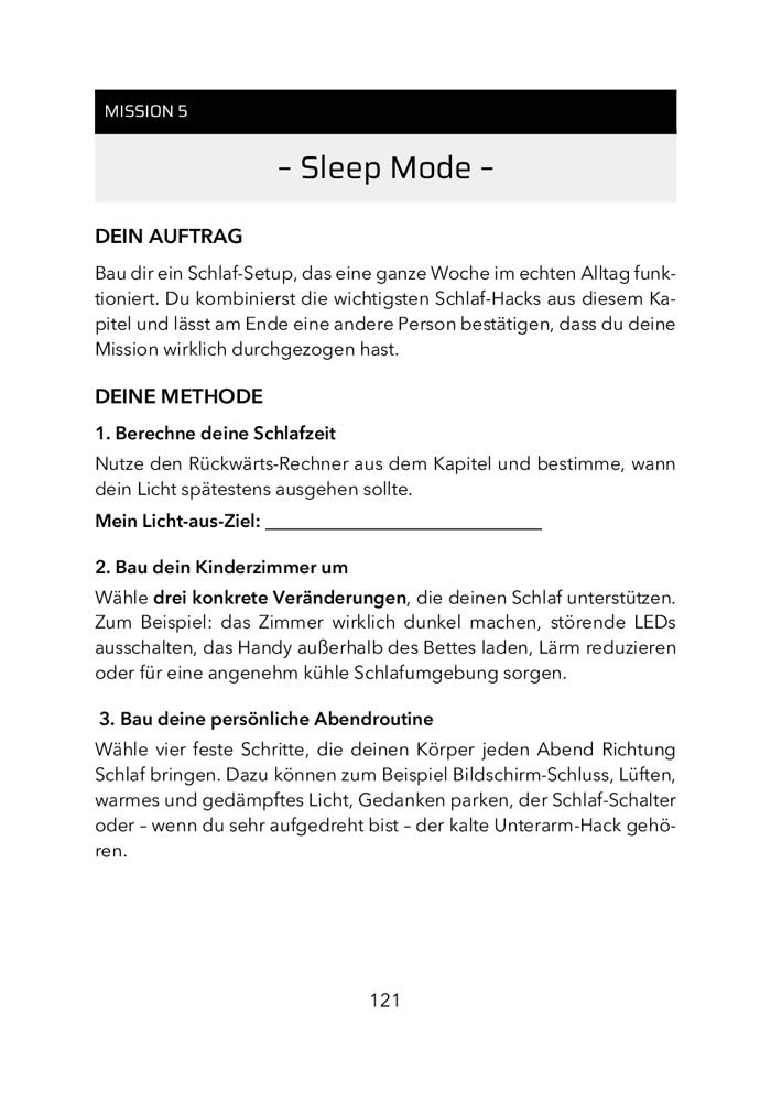 Mission 5 – Sleep Mode – Am Ende jedes Kapitels steht eine Mission mit Auftrag, Methode und eigenen Feldern zum Eintragen.