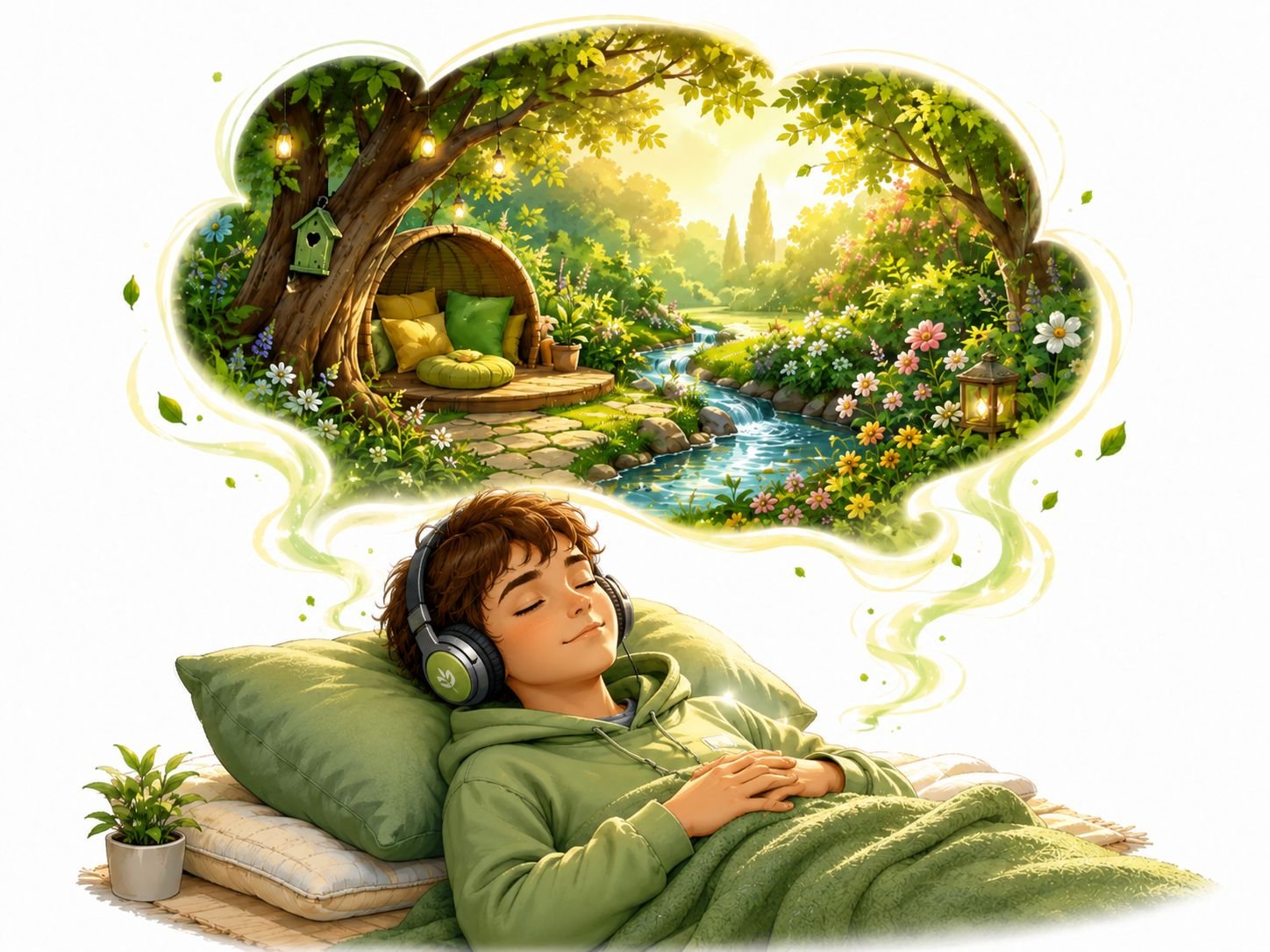 Illustration: ein Kind hört mit Kopfhörern die geführte Meditation und träumt von einem Garten mit Bach und Blumen